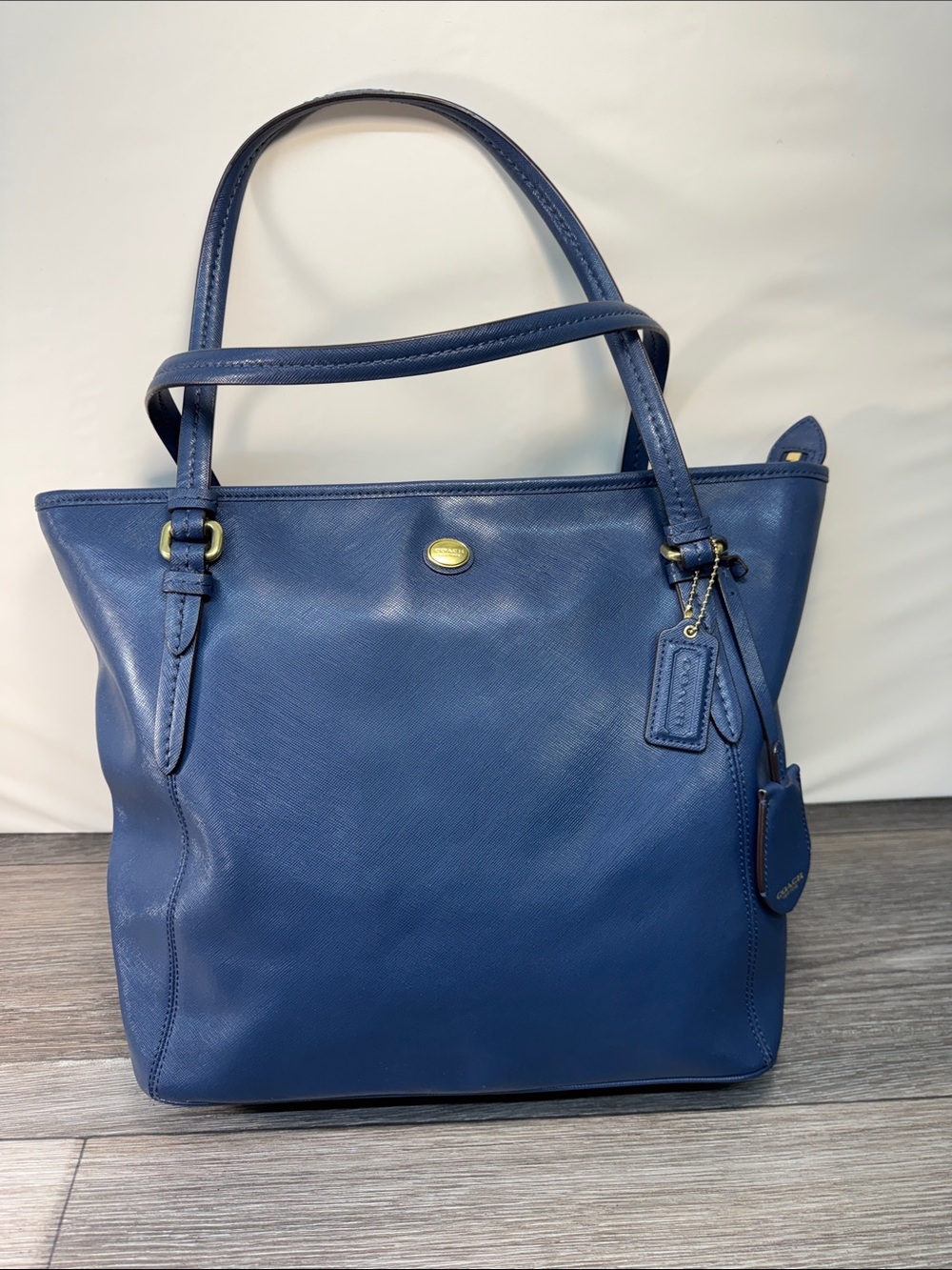 Coach Navy Blue Leather Tote with Gold Hardware